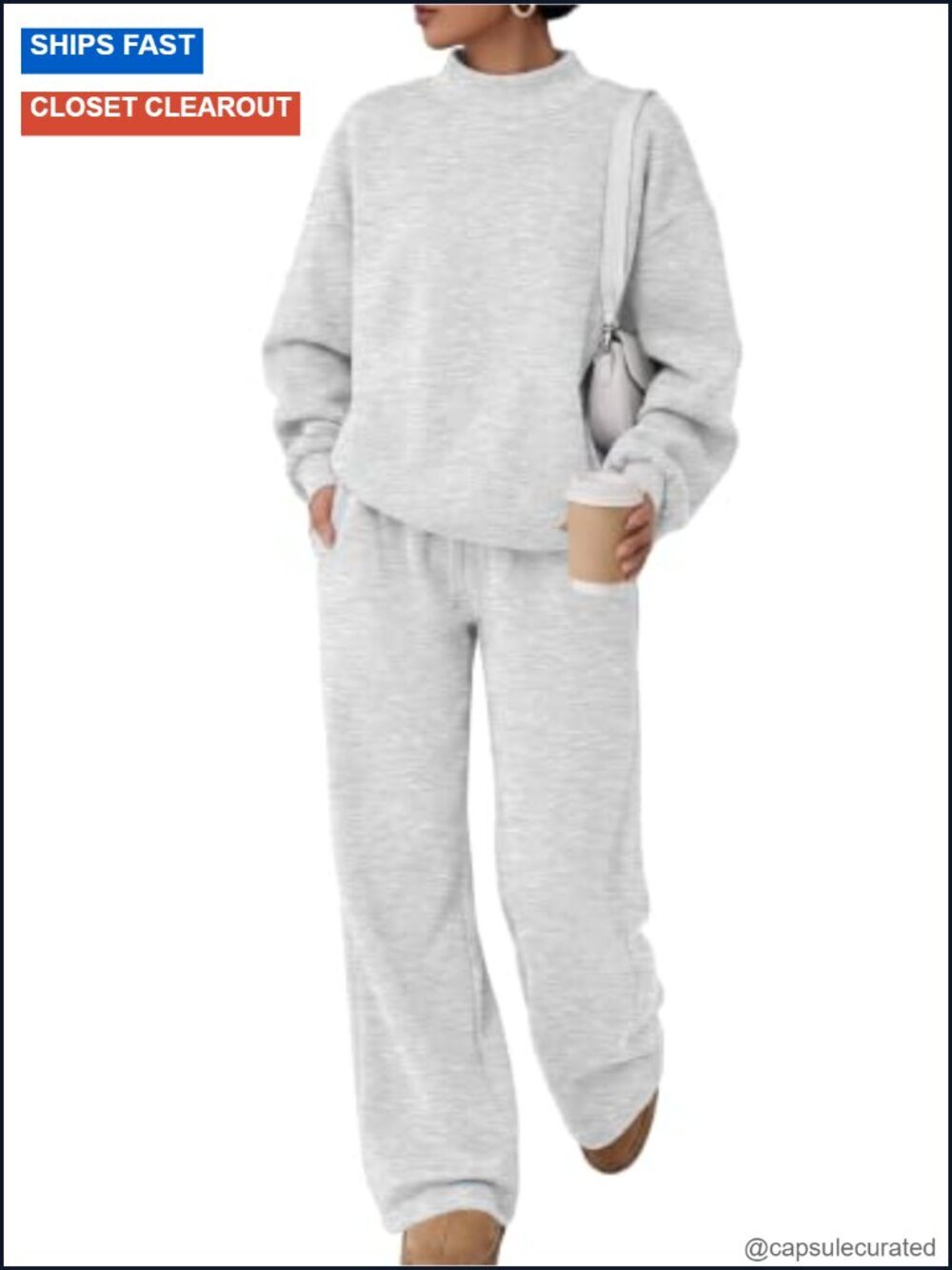 Mock Neck 2 Piece Lounge Set Sweatsuit Oversized Sweatshirt Wide Leg Sweatpants